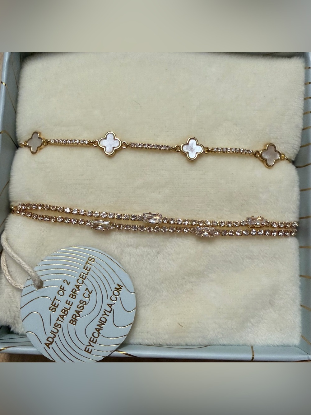 eye candy Gold Tone Mother-of-Pearl Clover & Crystal Chain Bracelet Set